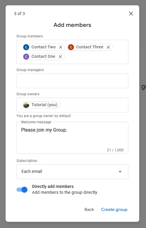 Toggle the ‘Directly add members’ switch to add members directly without inviting them.