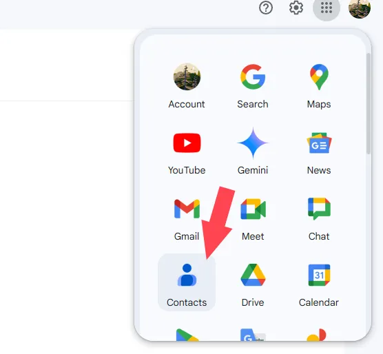 Mobile device screen with an arrow pointing to Contacts icon