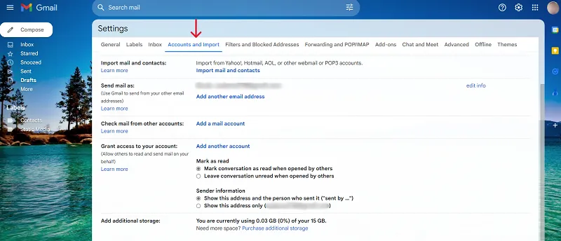 Screenshot of Gmail accounts and import settings