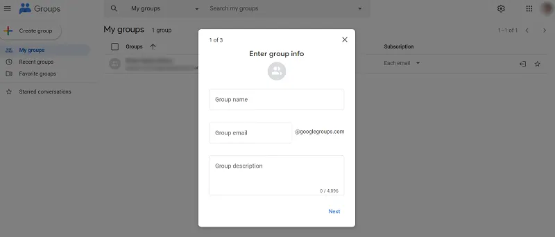 Enter group info screenshot
