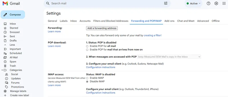 Gmail forwarding settings screenshot
