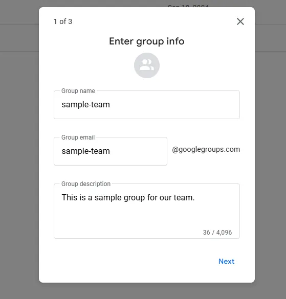 Enter group info screenshot