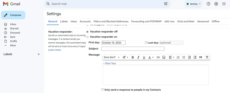 Vacation responder Gmail settings screenshot